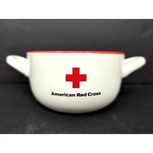 American Red Cross Soup Bowl Double Handled Glazed Ceramic White Red